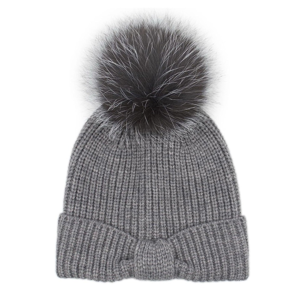 Surell Fur Pompom Knit Hat with Ponytail opening GRAY 100% Acrylic NWT $69